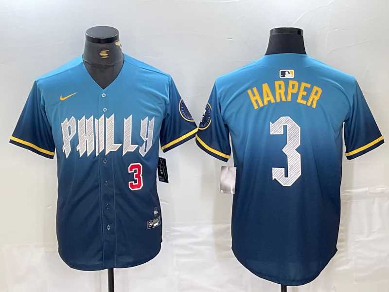 Men's Philadelphia Phillies #3 Bryce Harper Number Blue 2024 City Connect Limited Jersey